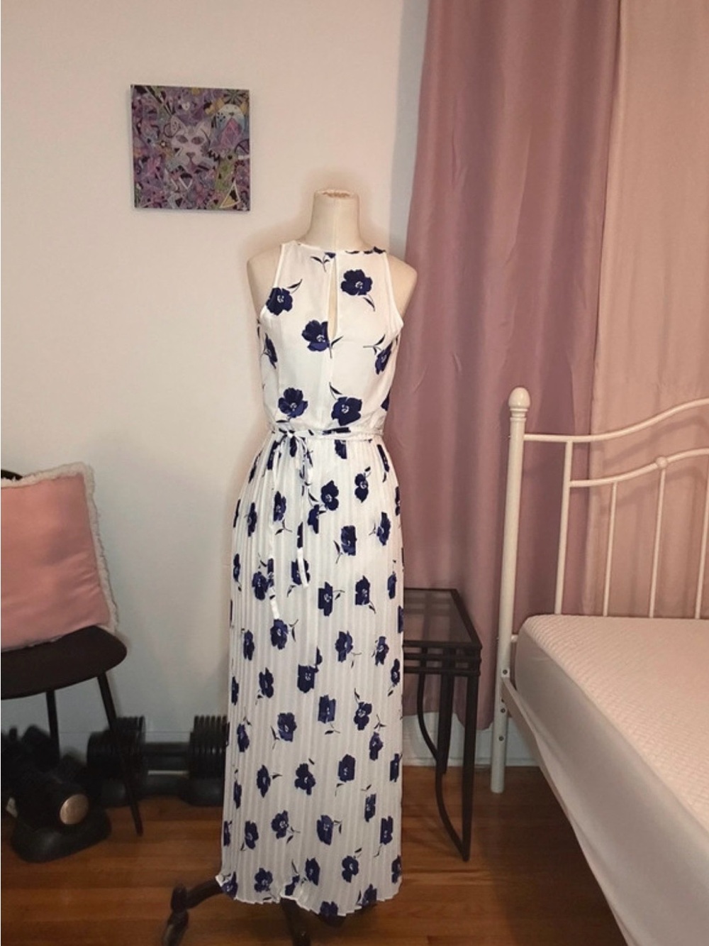 Banana Republic Sleeveless White Maxi Dress with Navy Floral Print